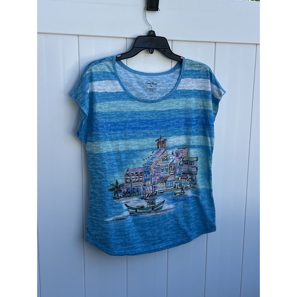 Coral Bay Shirt Women Medium Short Sleeve Top Tropical Blue
